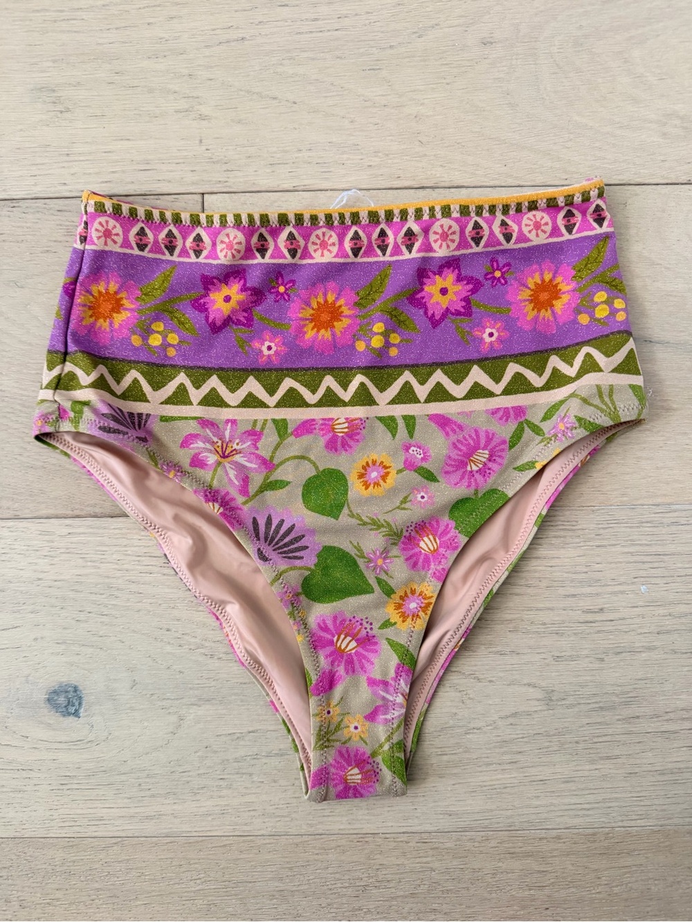 NWOT Spell Goldie Shimmer Pink Floral High-Waist Bikini Bottoms size M - Picture 6 of 7